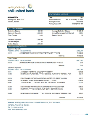 Download Bahrain Ahli United Bank statement word